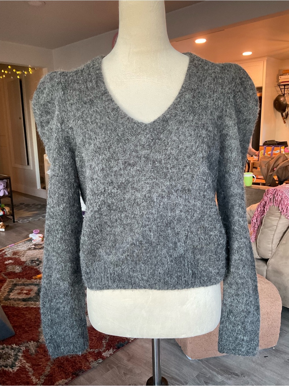 🦙Nation LTD Lara Puff‎ Shoulder V-Neck Baby Alpaca Wool Sweater Medium Gray
